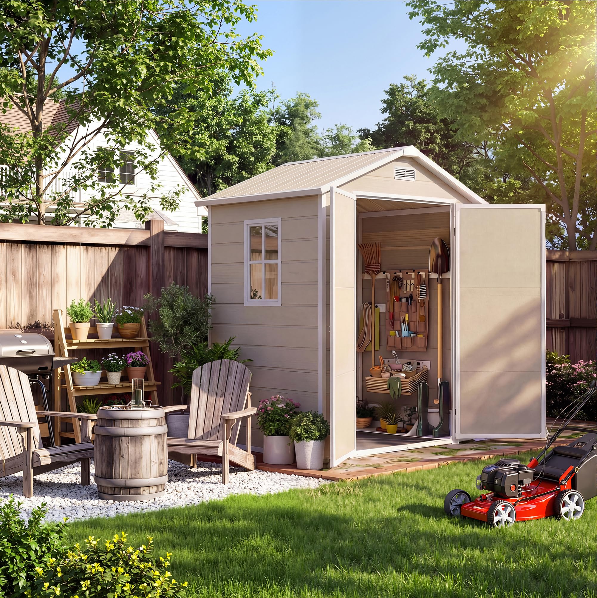Photo 1 of ***TRUCK/TRAILER PICKUP ONLY***
***STOCK PHOTO FOR REFERENCE ONLY***
Plastic Outdoor Storage Shed with Floor & Window, Resin Garden Shed for Patio, Lawn Mower, Bike & Tool, Outdoor Storage with Lockable Door & 2 Vents & Sloped Roof (Light Brown, 5x3 ft)