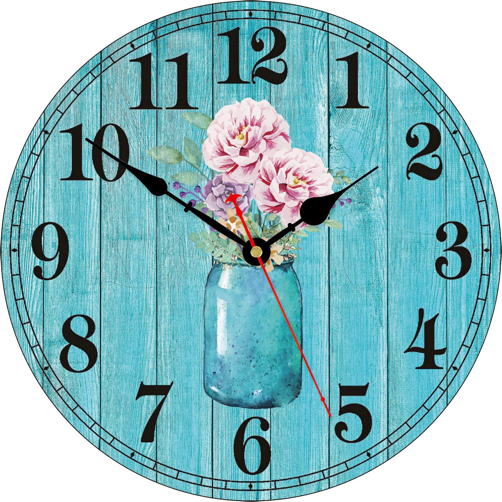 TAHEAT 14 Inch Flowers in Bottle Pattern Wall Clock, Retro Vintage Floral Silent Non ticking Wooden Clocks, Decorative Easy to Read for Kitchen Living Room Bedroom Bathroom Office