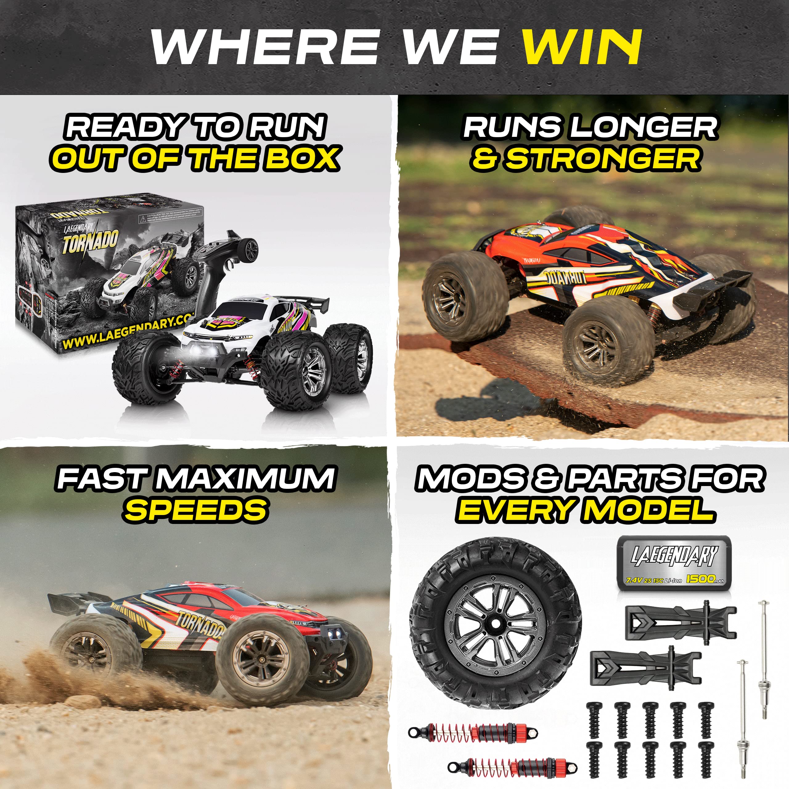 LAEGENDARY 1:12 Scale Large RC Cars 48+ kmh Speed - Remote Control Car 4x4 Off Road Monster Truck Electric - All Terrain Waterproof Trucks for Adults - 2 Batteries + Connector for 30+ Min Play