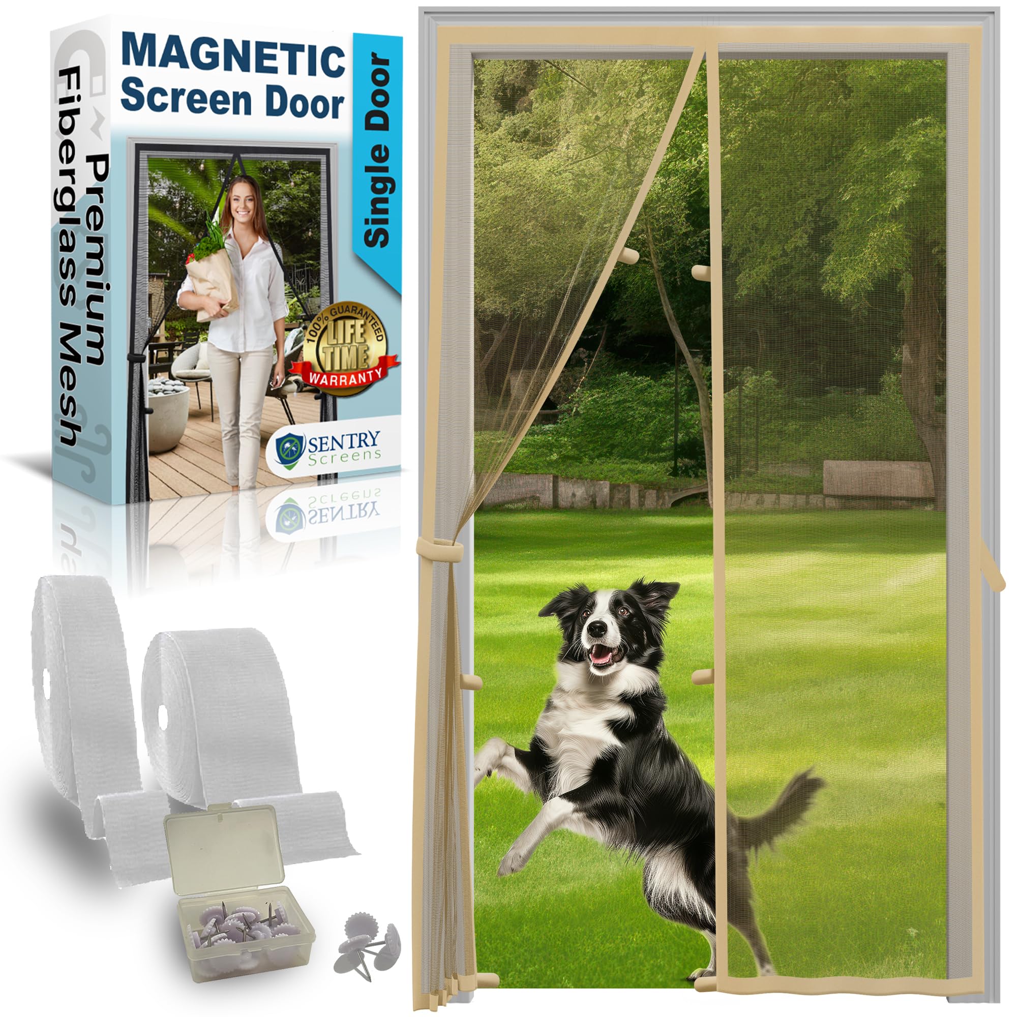 Sentry Screens Fiberglass Mesh Magnetic Screen Door – Heavy Duty Self-Closing Hanging Door Net Screen with Magnet Closures – Available in 5 Colors and Many Sizes – Magnetic Door Screen by Beige