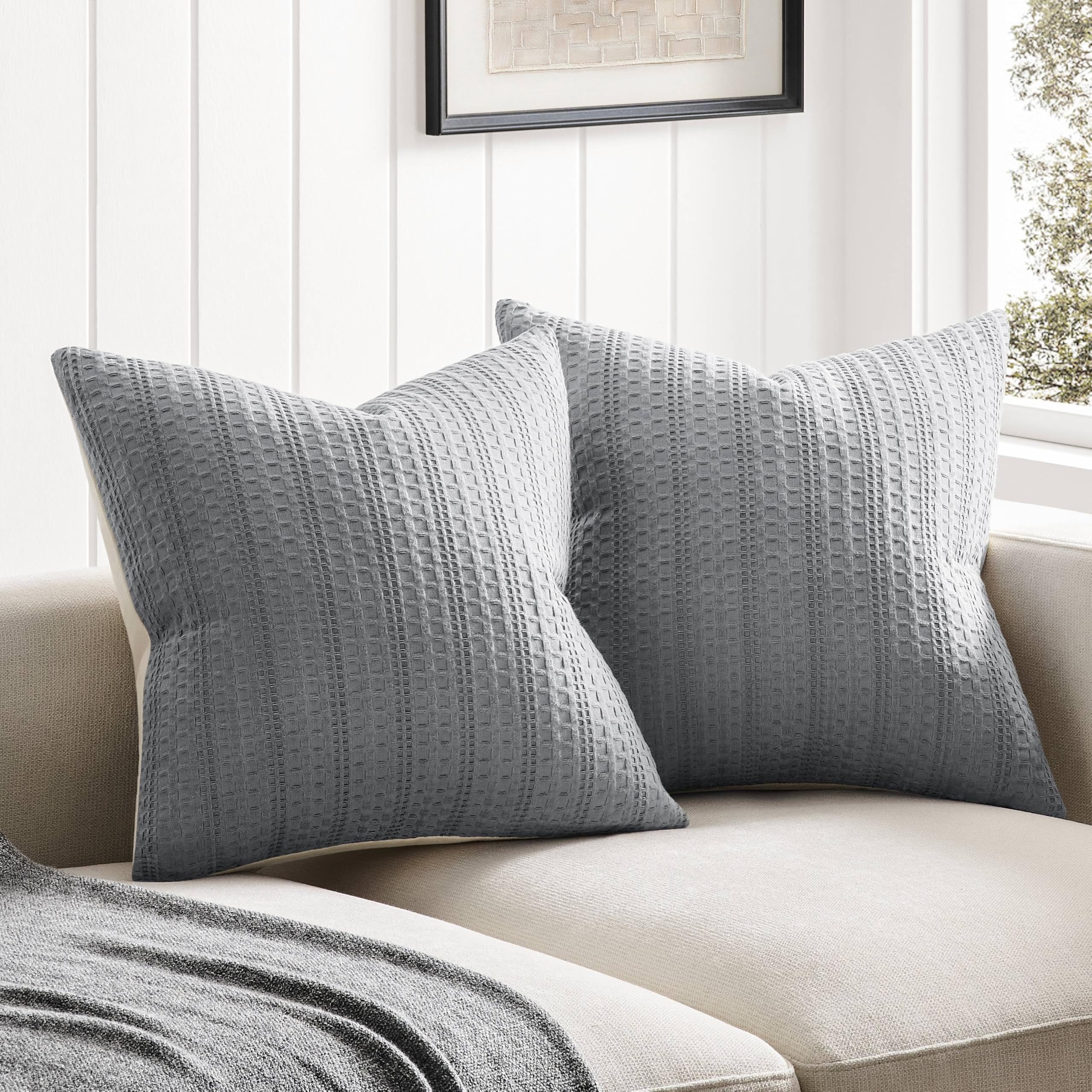 Photo 1 of ZeeMart 100% Cotton Waffle Textured Throw Pillow Covers Set of 2, 20x20 Inch Blue Ashes, Soft Farmhouse Decorative Couch Pillow Cases Dusty Blue Cushion Covers for Sofa Bed Living Room Home Decor
