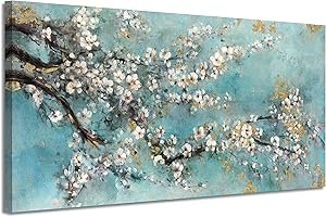 ARTISTIC PATH Abstract Flower Picture Wall Art: Dogwood Painting Hand Painted Artwork on Canvas for Living Room (40''W x 20''H,Multi-Sized)