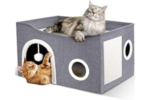 Heeyoo Cat House for Indoor Cats - Large Cat Bed Cave with Fluffy Ball and Scratch Pad, Foldable Cat Houses & Condos, Cat Cubes, Cat Hideaway, Covered Cat Bed for Multi Small Pet Large Kitty