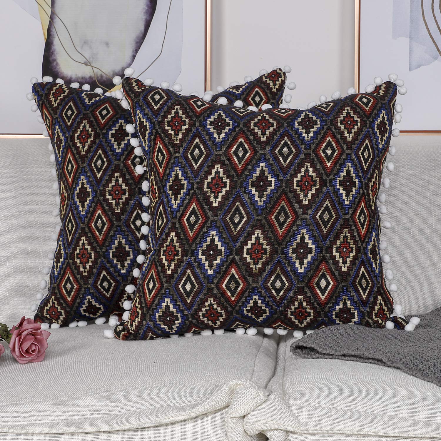 2 Pack Mandioo Decorative Pom Poms Fringe Throw Pillow Covers With