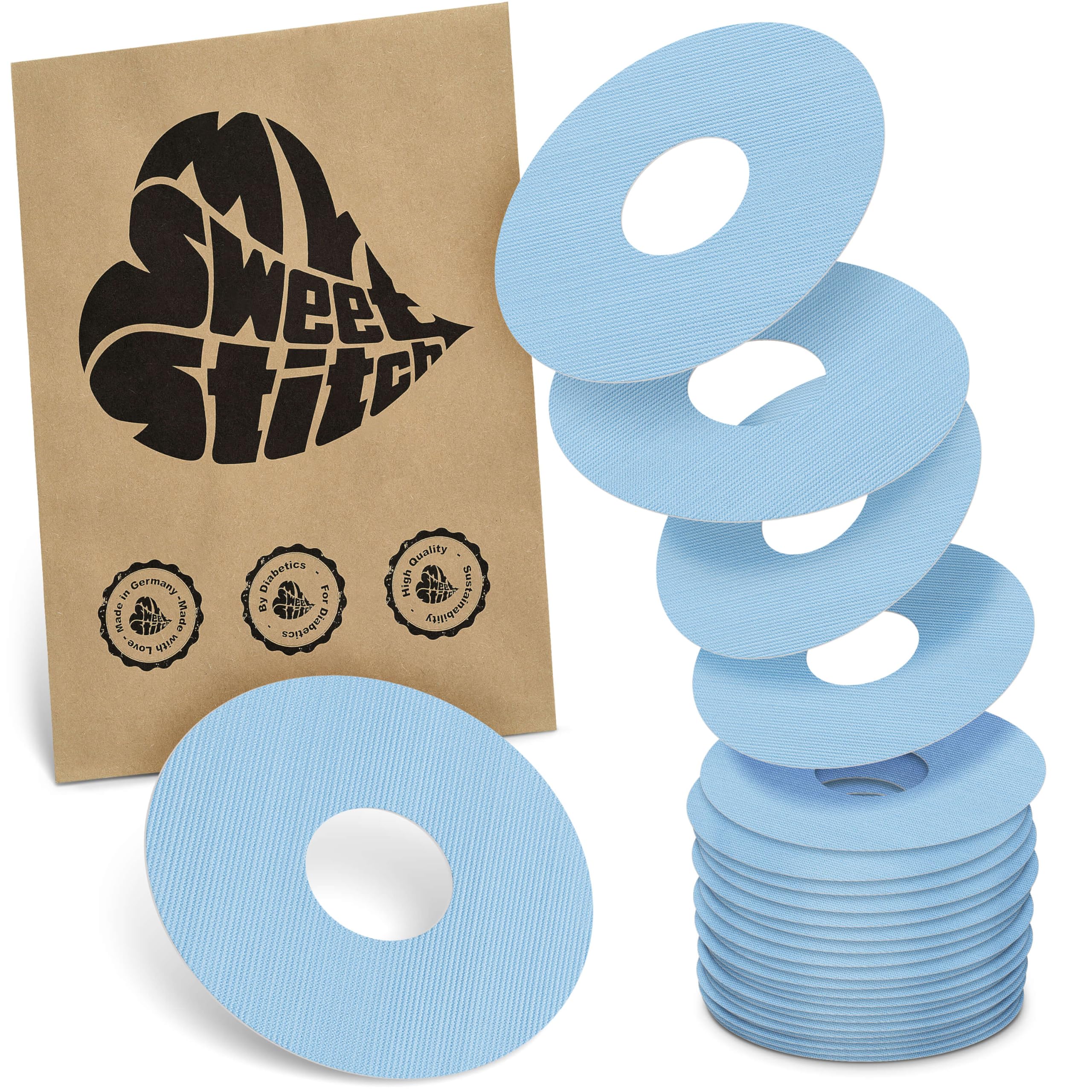 MySweetStitch - 25 x Freestyle Libre 3 Round Patches, Ring Patch Ø 60mm, Inner Ø 20mm, Waterproof, Breathable, Skin-Friendly, Made in Germany, Ice Blue