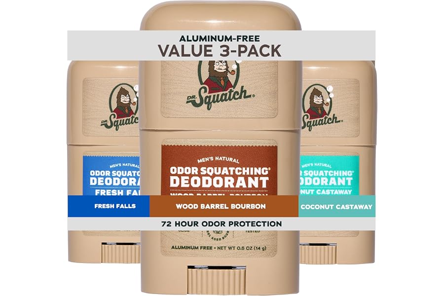 Dr. Squatch Natural Men’s Deodorant – Aluminum Free Natural Deodorant Men – Mini Travel Essentials – 72-Hour Odor Protection – Fresh Falls, Wood Barrel Bourbon, Coconut Castaway, 0.5oz Stick (3-Pack)