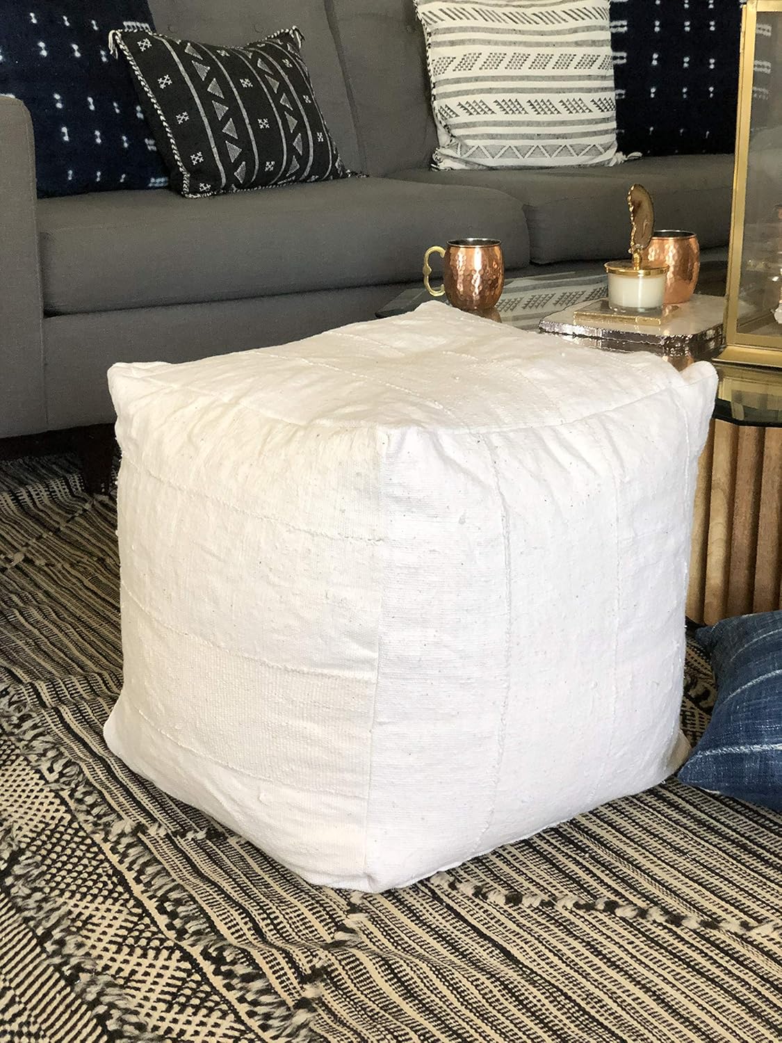 White Mudcloth Square Pouf or Ottoman Handmade