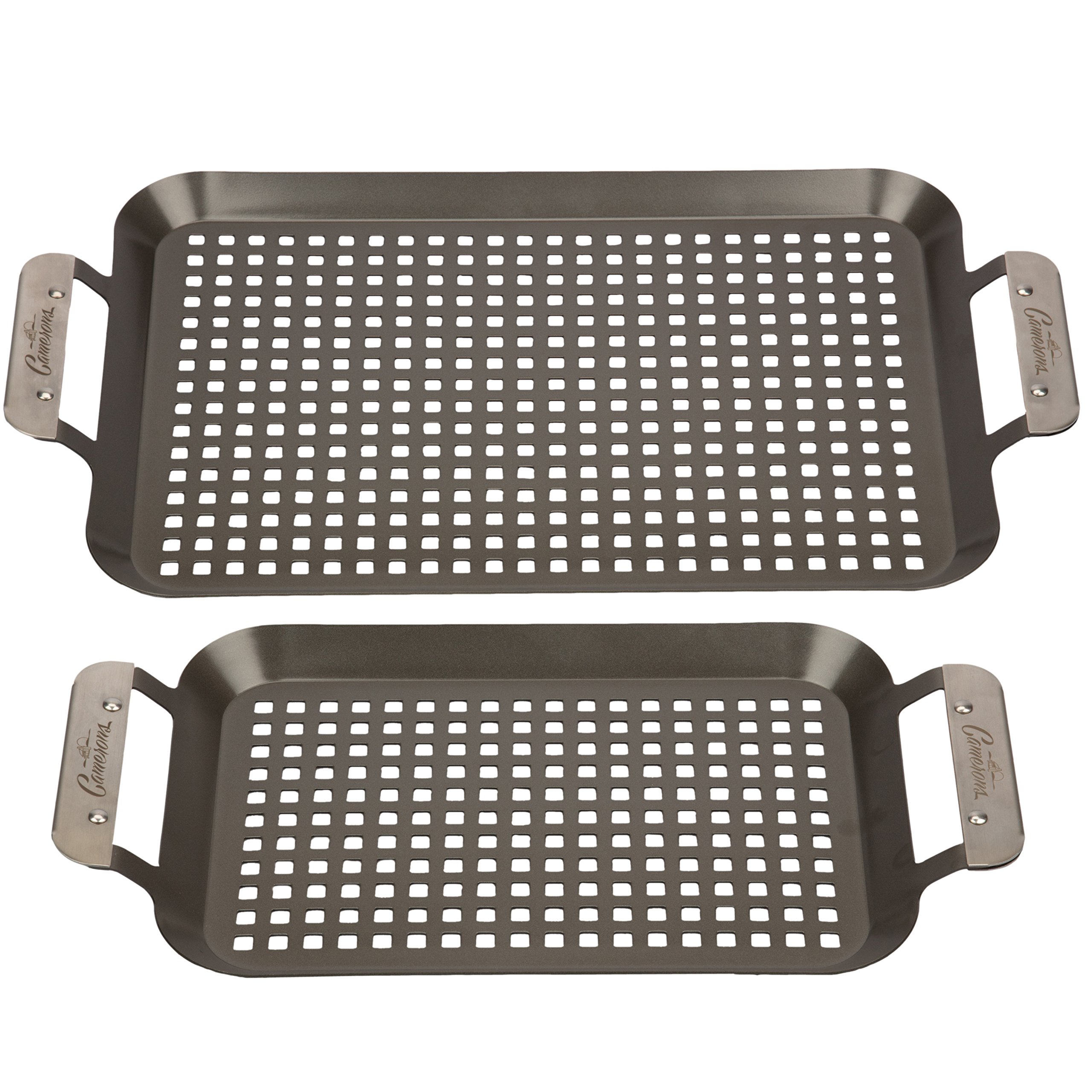 Grill Topper BBQ Grilling Pans (Set of 2) - Non-Stick Barbecue Trays w Stainless Steel Handles for Meat, Vegetables, and Seafood