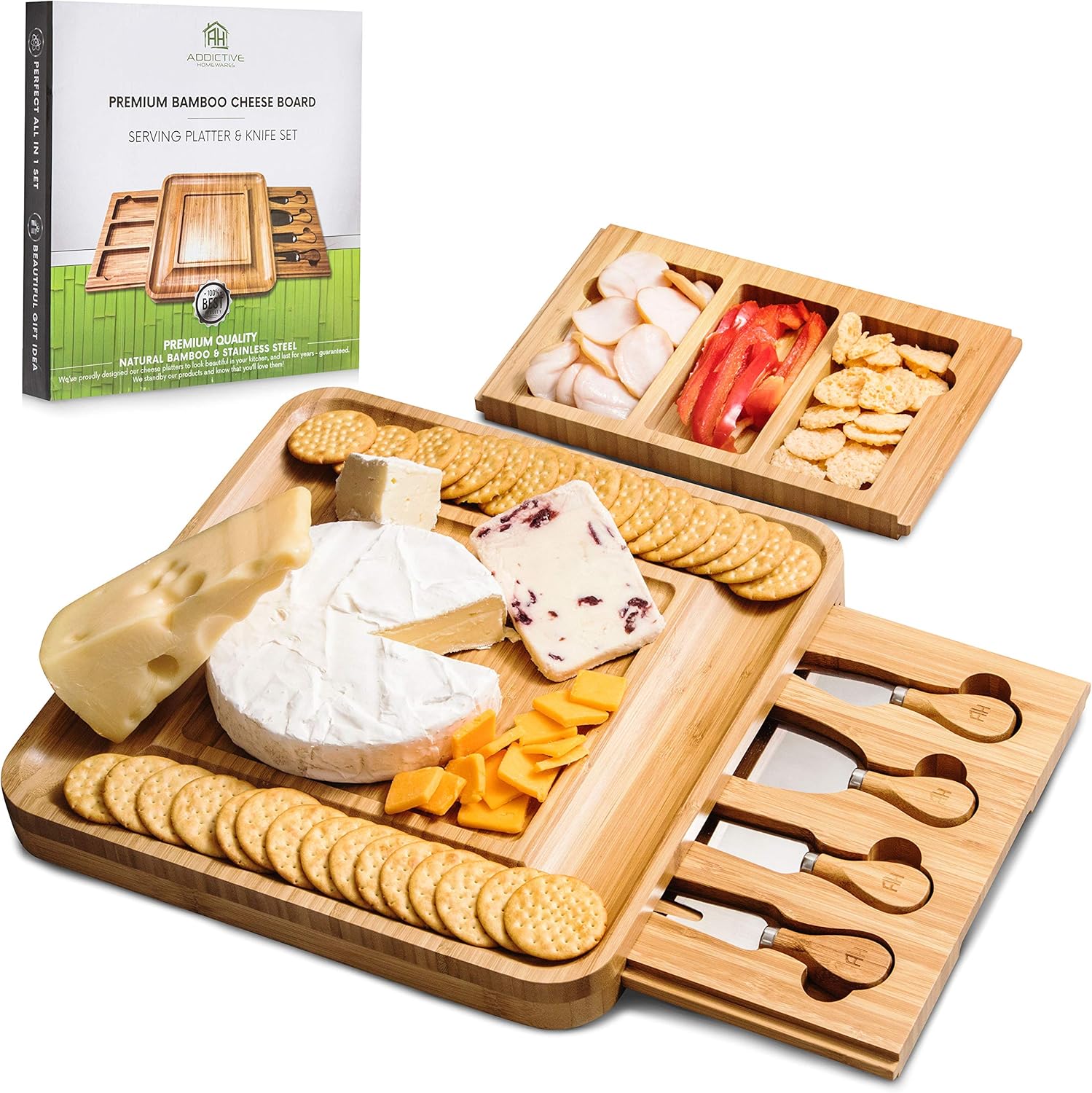 Addictive Homewares Cheese Board with SlideOut Drawers and Cutlery Knife Set 4