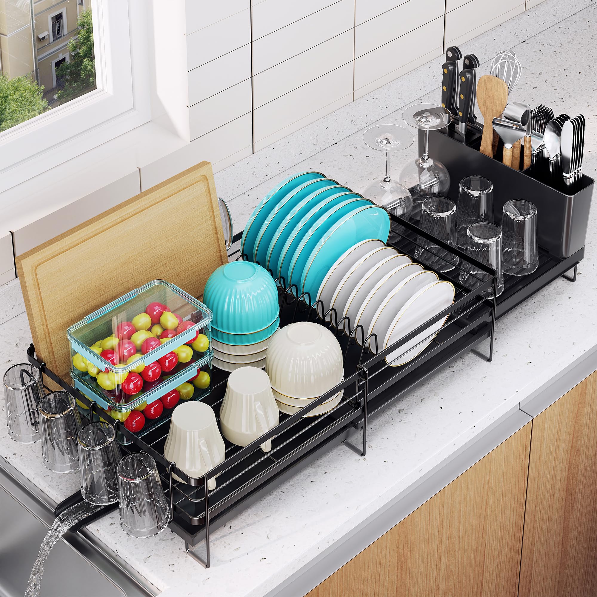 Photo 1 of Pantasia Large Dish Drying Rack - Extendable Dish Rack for Kitchen Counter, Multifunctional Dish Drainer with Drainboard Set, Dishrack with Utensil Holder & Cup Holder, 13.4"-28.7" L x 11.8" W, Black