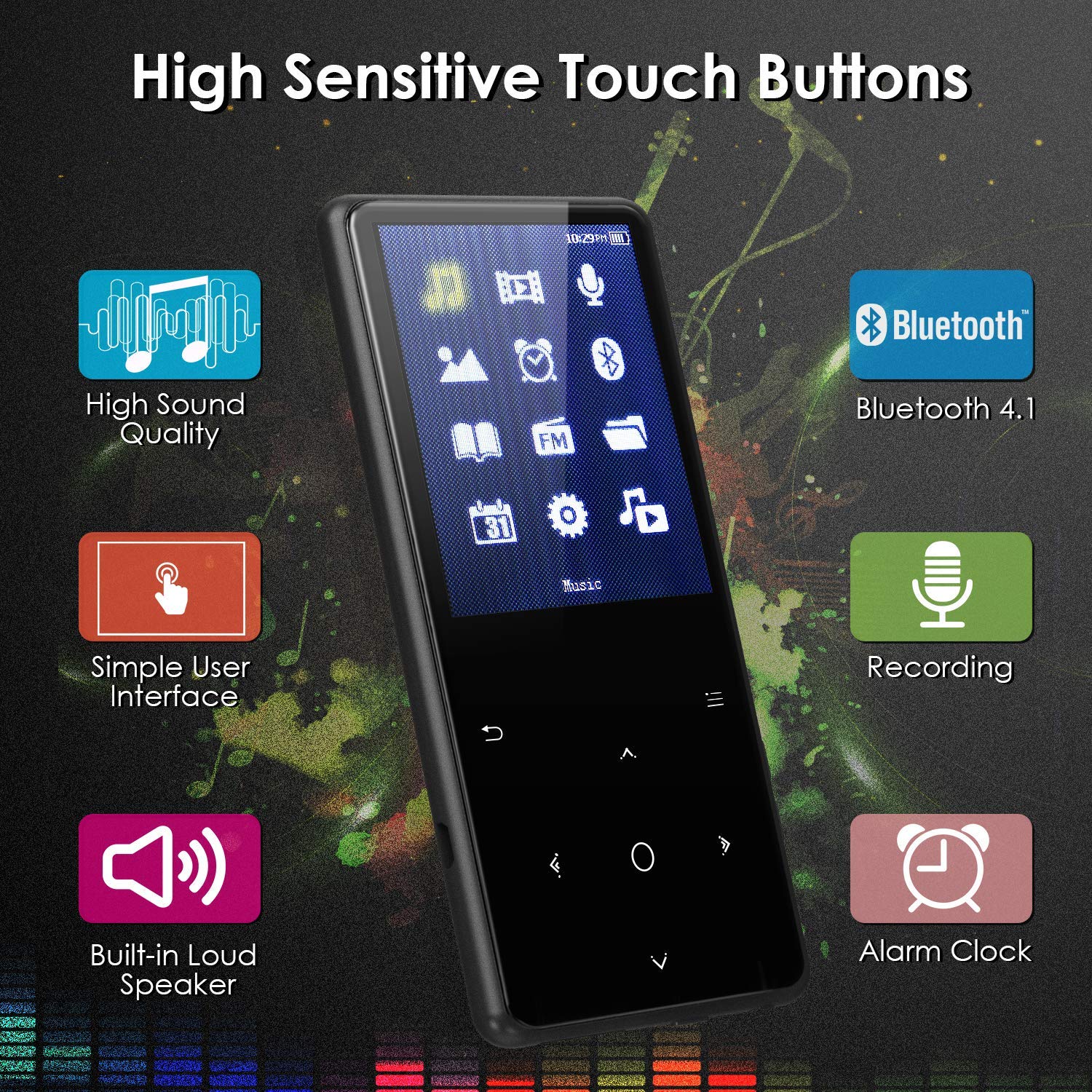 MP3 Player with Bluetooth, Mbuynow 16GB Music Player 2.4 Inch Screen with FM Radio Voice Recorder HIFI Lossless Sound Touch button with Video E-Book Support Up to 128GB TF Card (Black)