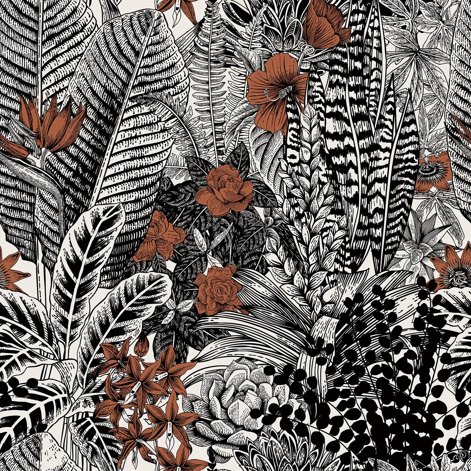 Photo 1 of Livelynine 17.5x276 Black & White Floral Peel and Stick Wallpaper Dark Orange Mural Flower Removable Vintage Wall Paper for Bathroom Waterproof Modern Tropical Retro Floral Contact Paper for Cabinets