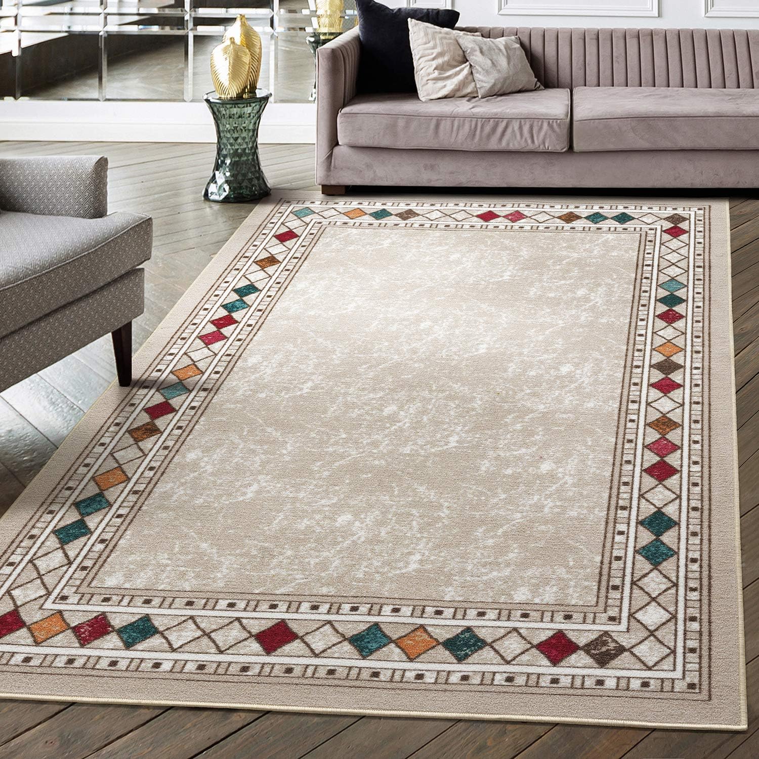 Rugs, Pads & Protectors - Antep Rugs Alfombras Modern Bordered 5x7 Non-Skid (Non-Slip) Low Profile Pile Rubber Backing Indoor Area Rugs (Beige, 5' x 7')