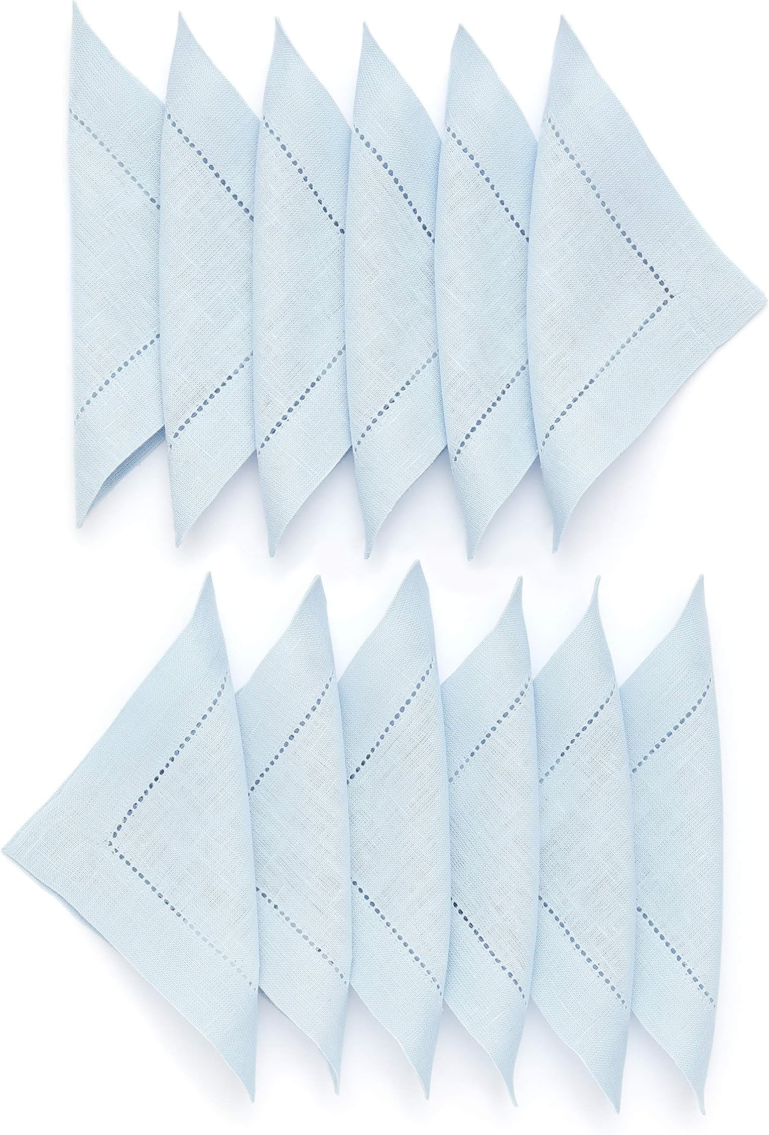 Solino Home 100% Pure Linen Hemstitch Cocktail Napkins - Set of 12, 6 x 6 Inch Light Blue, European Flax Classic Hemstitch Napkins Coaster - Natural Fabric Handcrafted with Mitered Corners