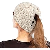 C.C Exclusives Soft Stretch Cable Knit Messy Bun Ponytail Beanie Winter Hat for Women (MB-20A)