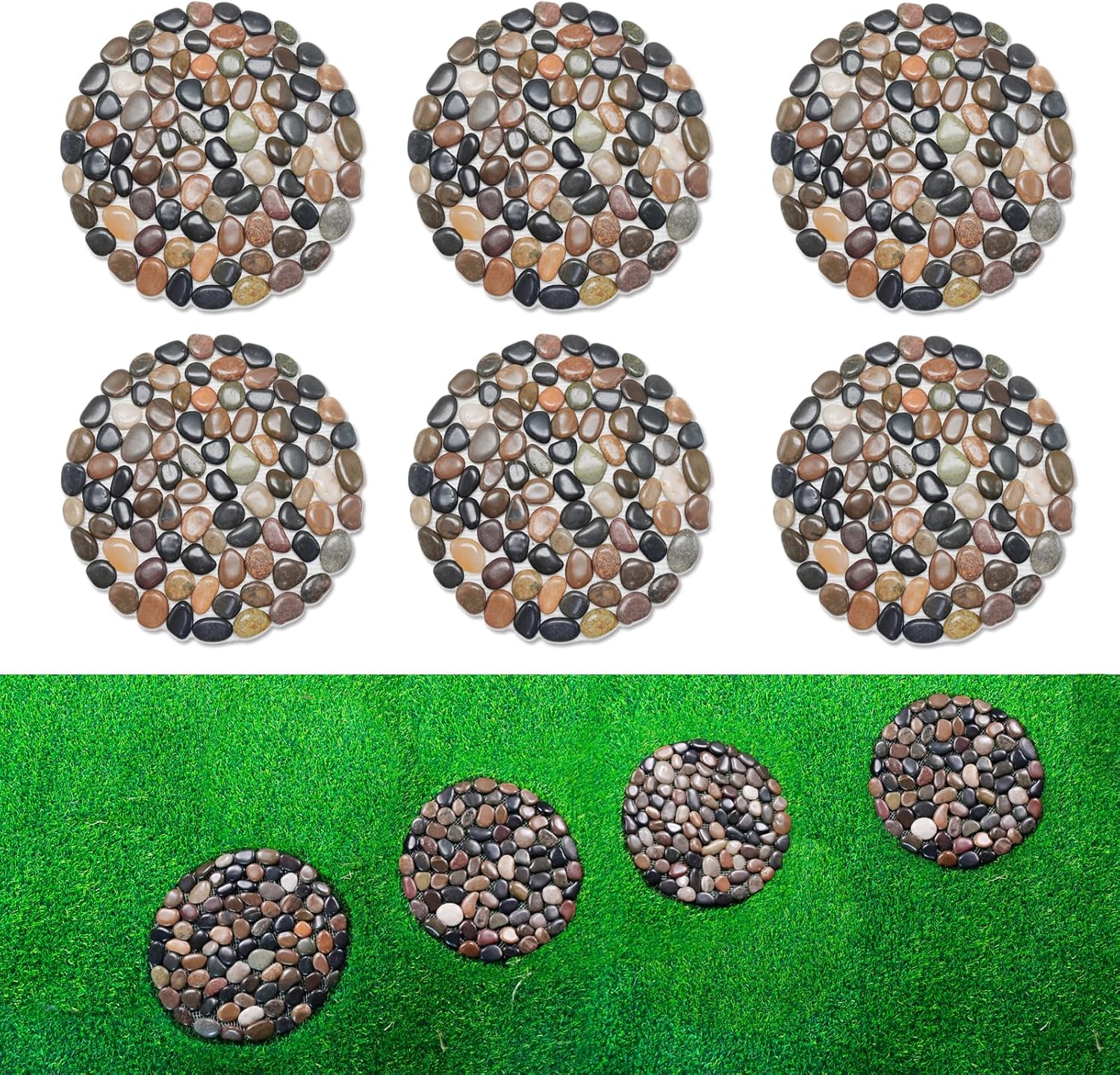 Hardscaping Materials - Lechloris 12 inch River Rock Stepping Stone - Diamater Pavers for Outdoor Garden Walkway, Landscaping - Polished Pebble Step Stones for Patio Yard Lawn Pathway, Set of 6 (Roundness, Rain Forest)