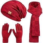 Beanie Hat Scarf Touchscreen Gloves Set for Men and Women, Fleece Lined Warm Winter Beanie Gloves Long Neck Warmer Set
