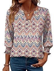 LOMON 3/4 Length Sleeve Floral Print Top with V