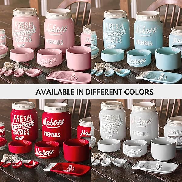 FARMHOUSE CANISTERS SETS FOR THE KITCHEN – MASON JAR CERAMIC KITCHEN UTENSIL HOLDER, SPOON REST, CUTE COOKIE JAR, SALT & PEPPER SHAKER SETS, SPONGE HOLDER, MEASURING CUPS & SPOONS (WHITE,17-PC BUNDLE)