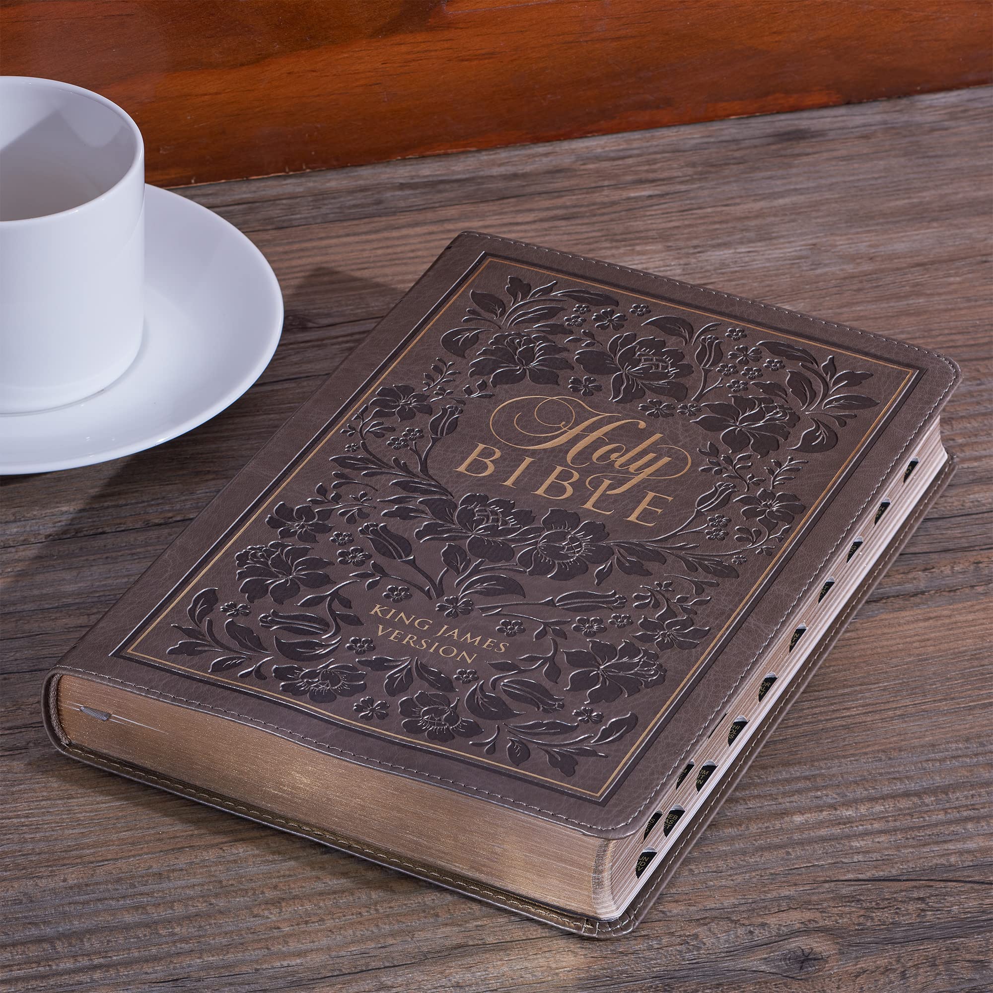 KJV Holy Bible, Thinline Large Print Faux Leather Red Letter Edition Thumb Index & Ribbon Marker, King James Version, Dark Taupe Floral