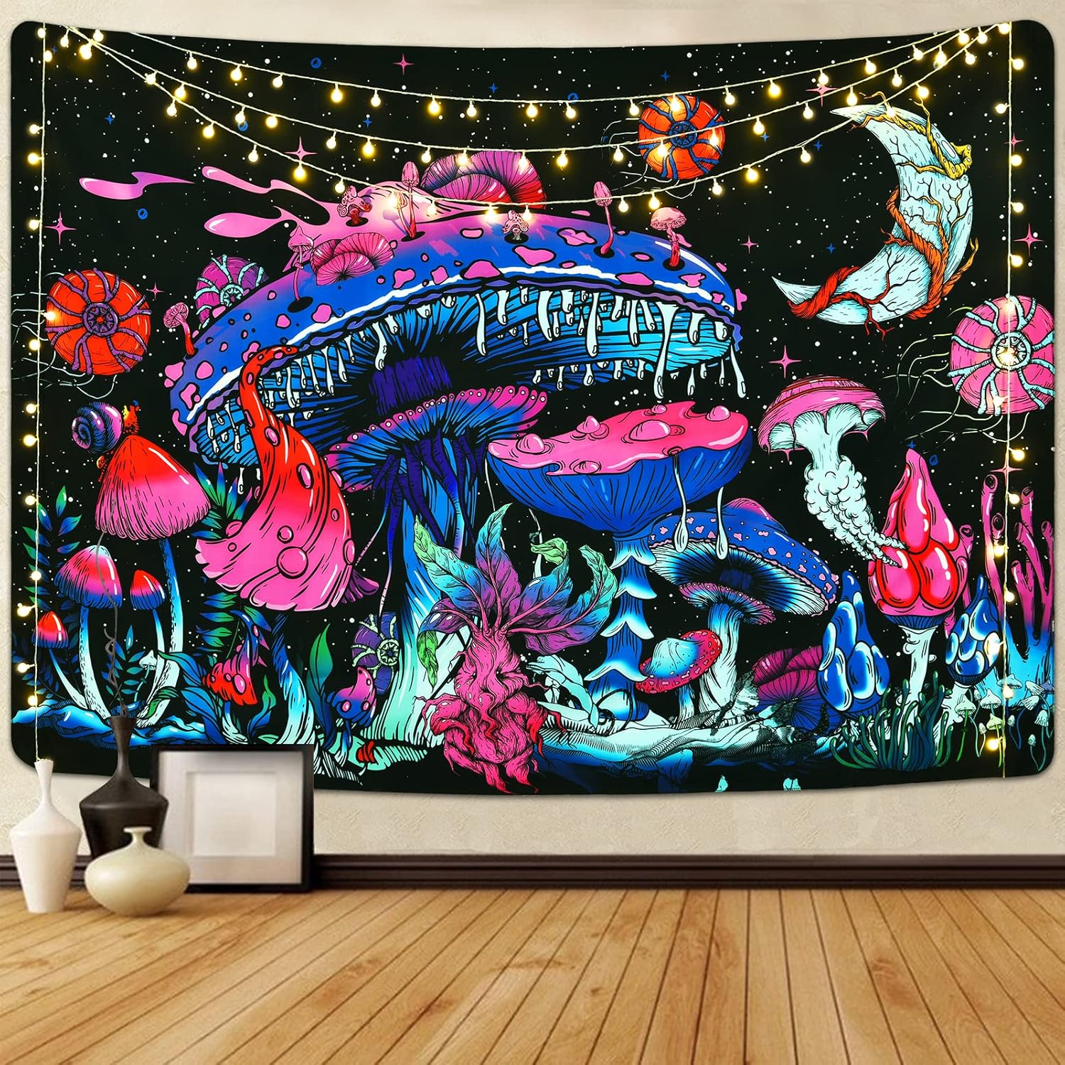 Tapestries - Uspring Mushroom Tapestry Moon and Stars Tapestries Plants Tapestry Starry Night Sky Tapestry Monster Tapestry Wall Hanging for Room (59.1 × 82.7 inches)