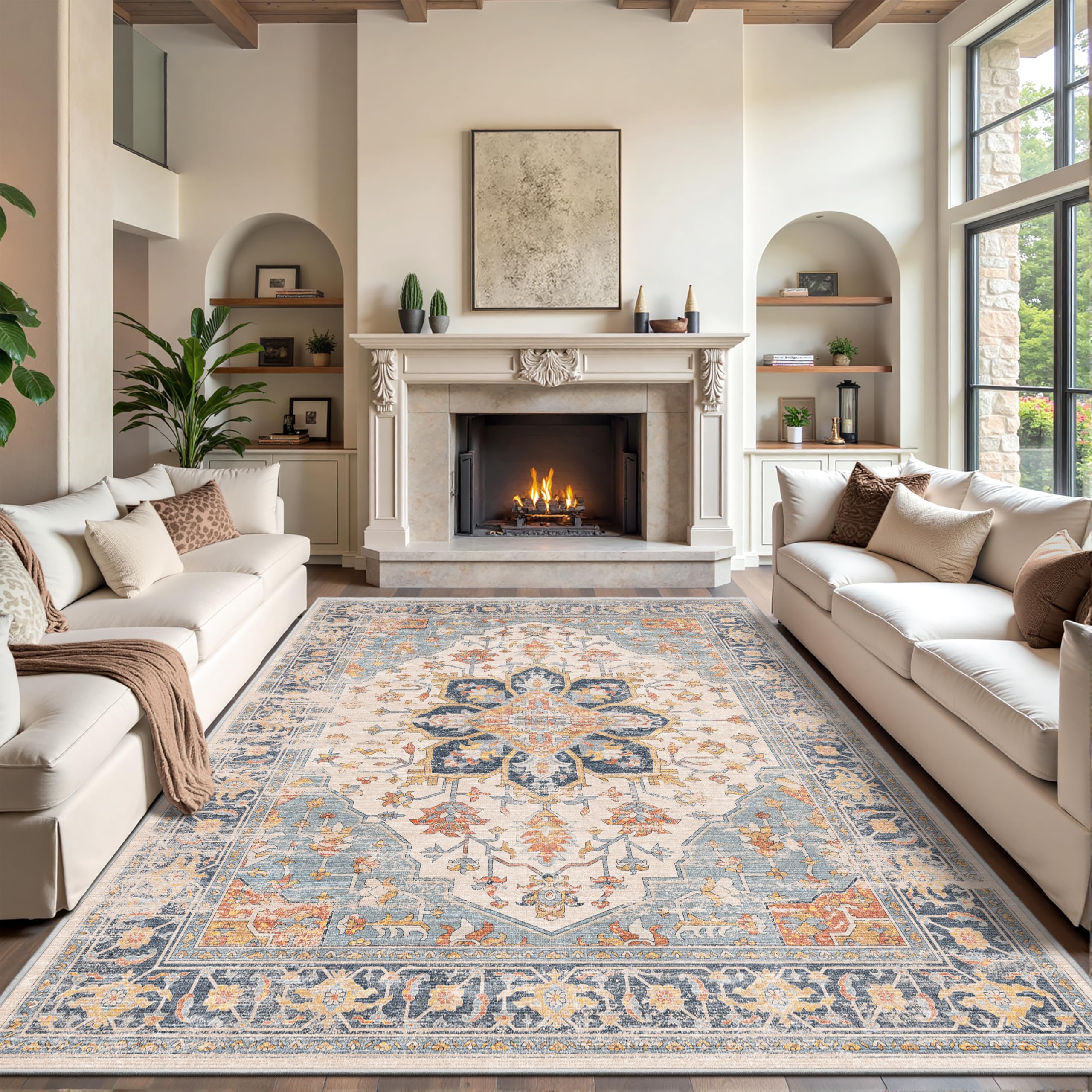 Photo 1 of Rugland 8x10 Area Rugs - Stain Resistant Washable Rug, Anti Slip Backing Rugs for Living Room, Vintage Tribal Area Rugs (TPR11-Blue, 8'x10')