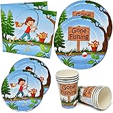 Gift Boutique 122 Pcs Gone Fishing Party Supplies Set Paper Plate Cup Napkin for Little Fisherman Camping Fish Birthday Disposable Dinnerware Serve 24