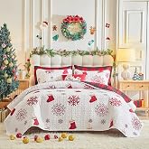 Christmas Quilt Set King Size 101x88 - White Red Socks & Red Gray Snowflake with Red Black Plaid - Xmas New Year Gingham Styl
