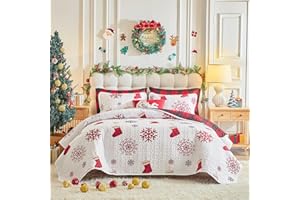 UOZZI BEDDING Christmas Quilt Set King Size 101x88 - White Red Socks & Red Gray Snowflake with Red Black Plaid - Xmas New Year Gingham Style Microfiber Winter Bedding Coverlet Thanksgiving Holiday Bedspread
