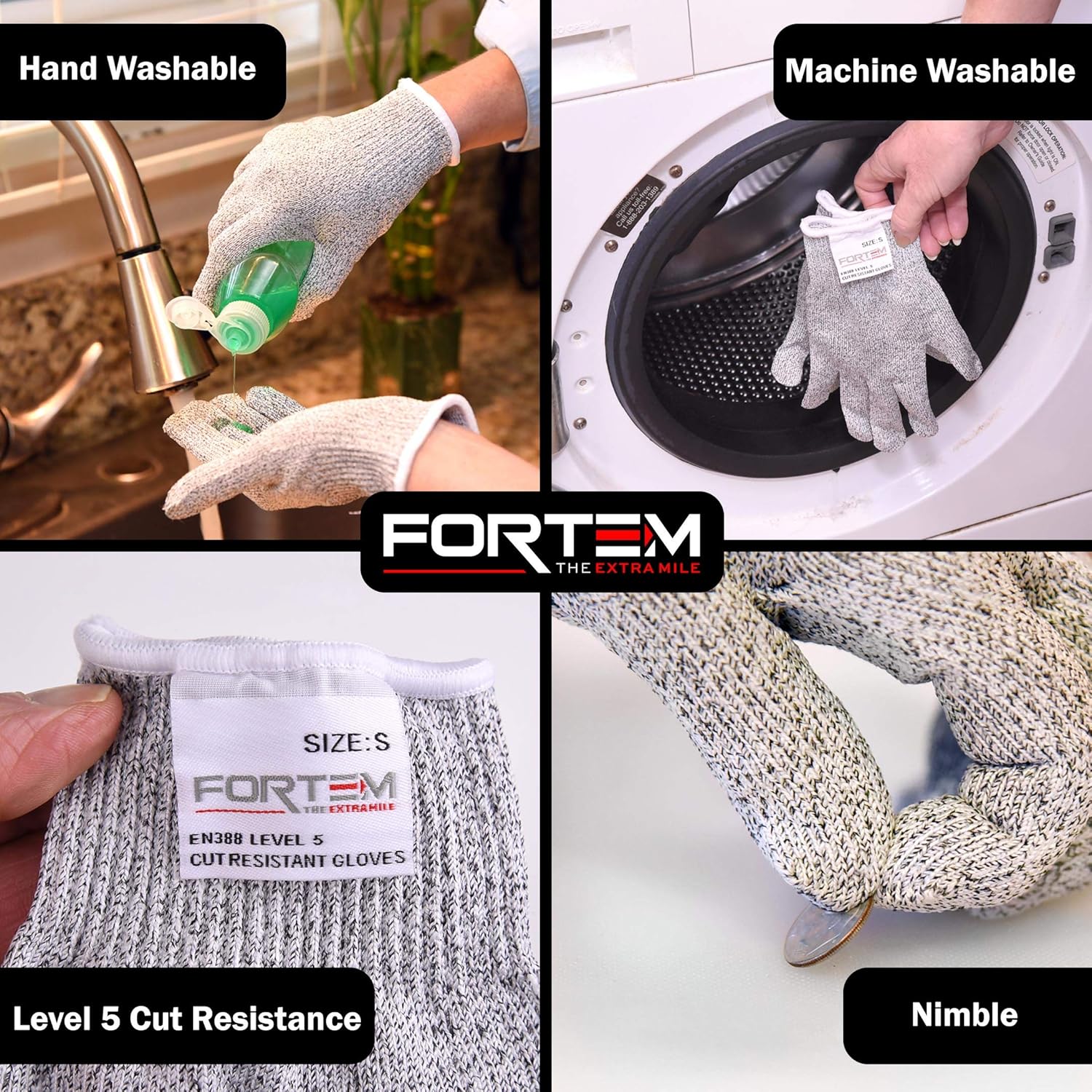 Fortem Cut Resistant Gloves, 2 Pairs (4 Gloves), Level 5 Protection, Food Grade, EN388 Certified (Medium) - - 