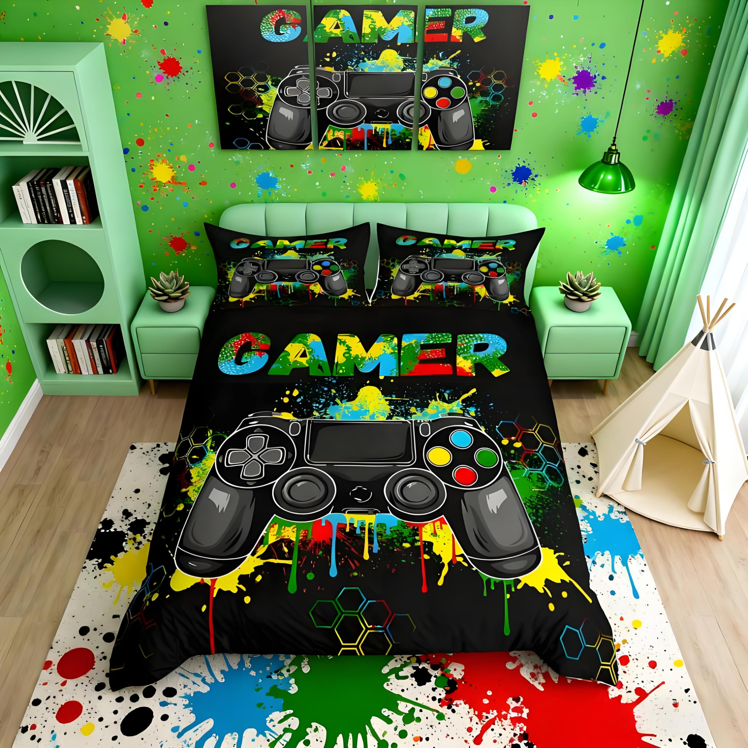 Homemissing Gamer Bedding Set for Boys and Adolescents Game Controller Duvet Cover Game Tie Dyed Colorful Ink Bed Cover Decoration for Kid's Game Board Comforter Cover 200x200cm Black Bedding — image 1