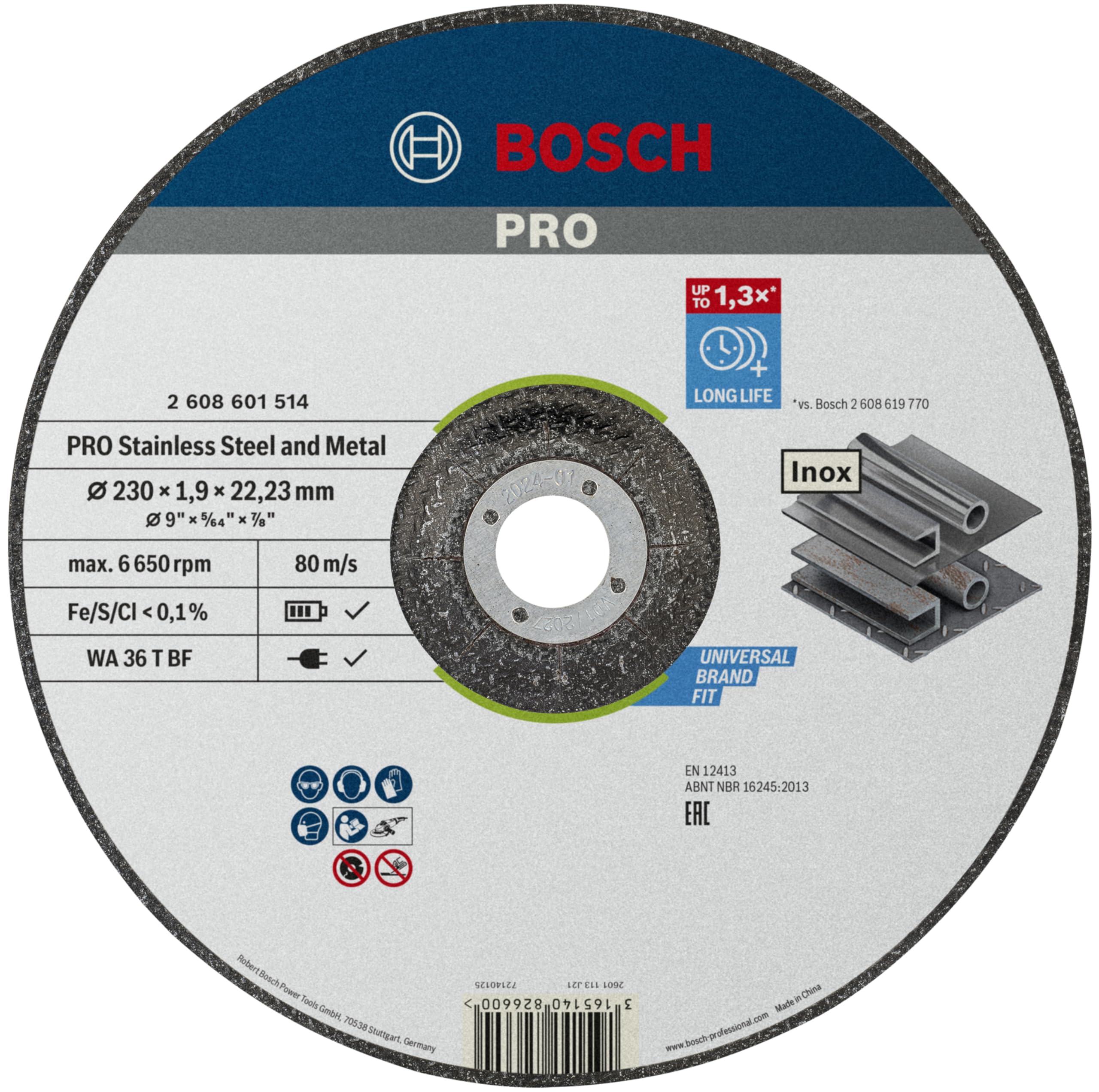 Bosch 1x PRO Stainess Steel and Metal Longlife Thin Cutting Disc for Large Angle Grinder and Bore 22.23 mm (for Steel, Stainless steel, Ø 230 mm, Professional Accessory Large Angle Grinder)