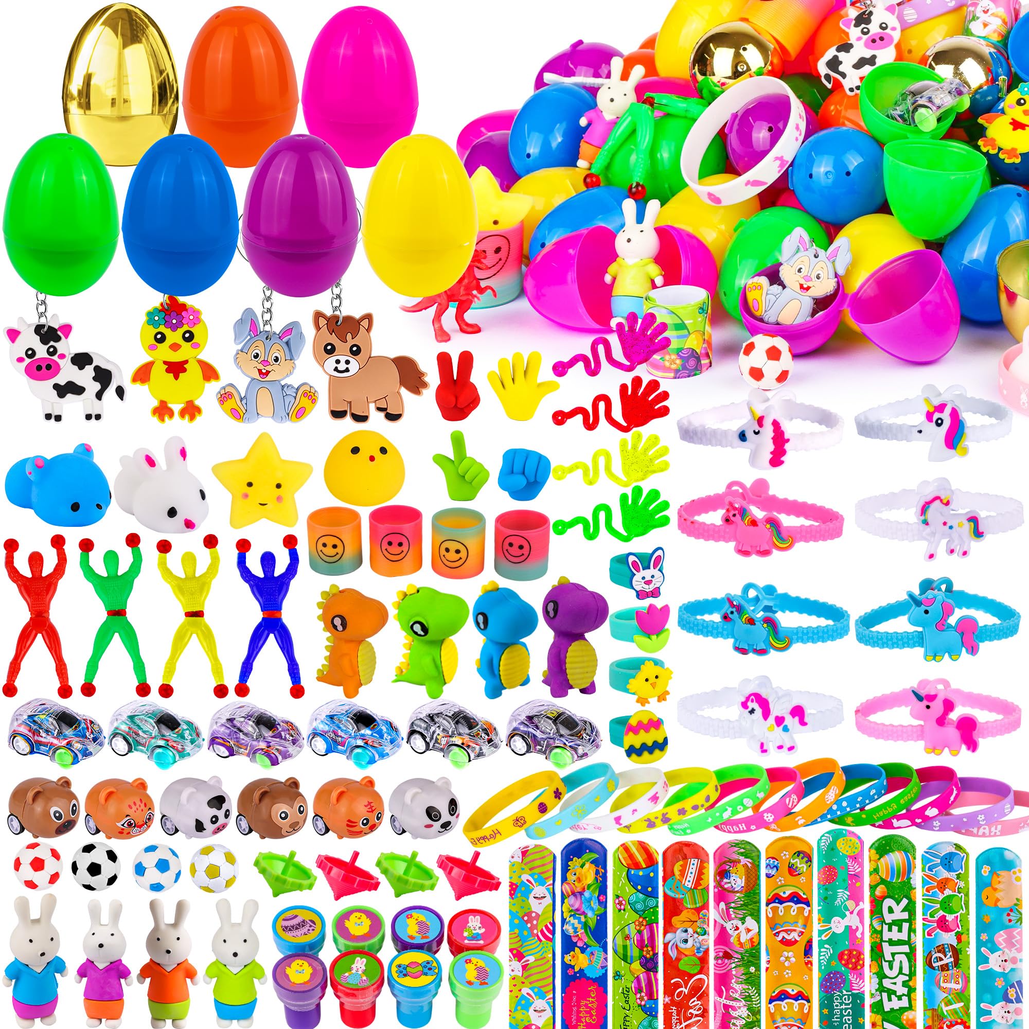 [ 6 Surprise Gold Eggs ] 100 Pack Prefilled Easter Eggs with Assorted Toys Inside, Truly Pre Filled Plastic Easter Egg Filles Fidget Toys Easter Hunt, Basket Stuffers Party Favors for Kids Boys Girls