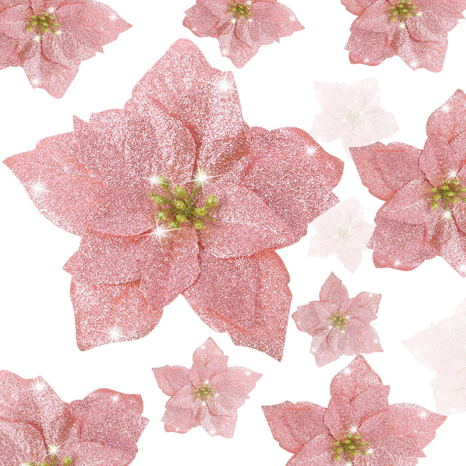 WILLBOND 36 Pieces Christmas Glitter Poinsettia Faux Flowers Christmas Flowers Decorations Wedding Xmas Tree New Year Ornaments (Rose Gold)