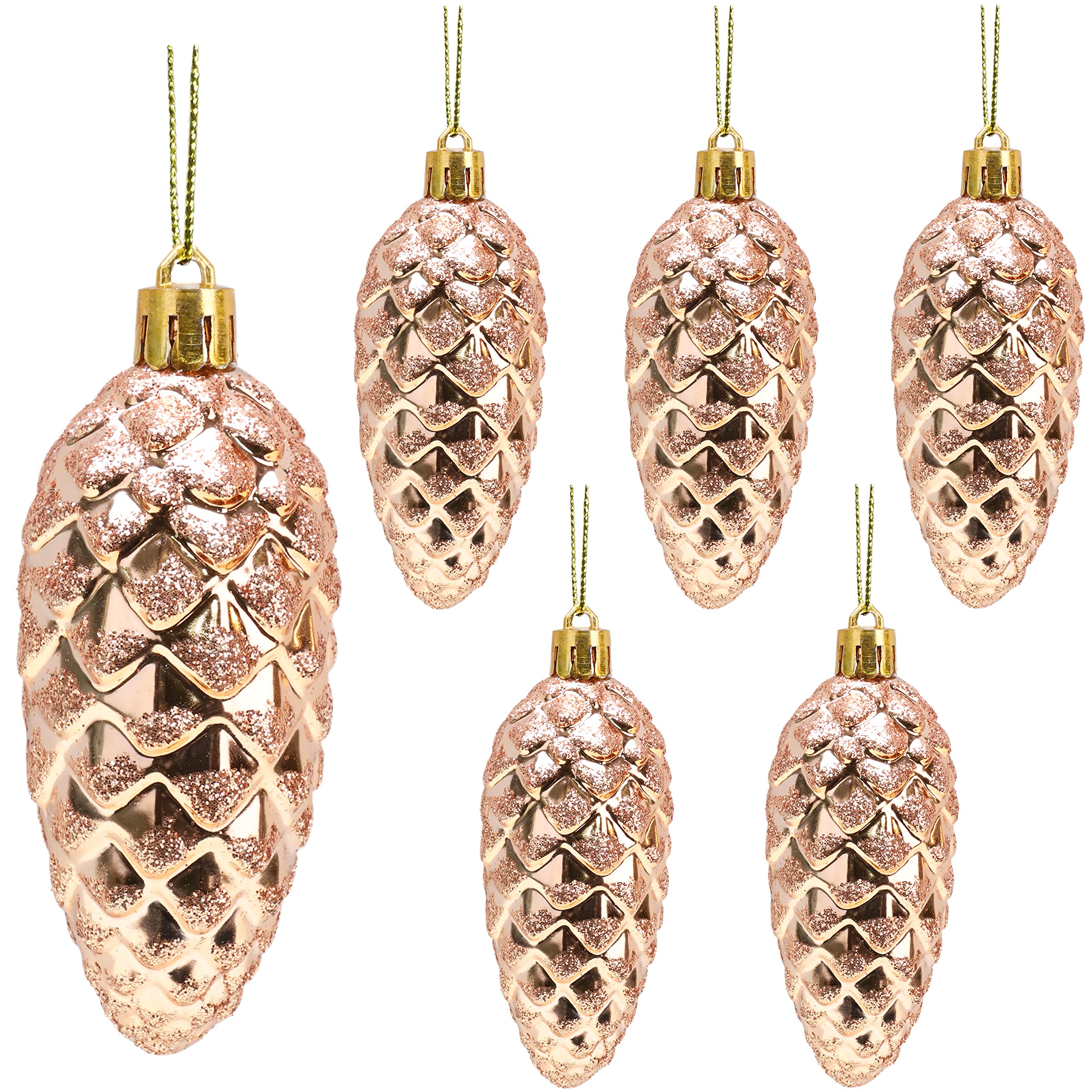 Christmas Concepts® Pack of 6-90mm (3.6") Pine Cone Baubles – Shiny and Glitter Decorated – Luxury Christmas Decorations (Rose Gold)