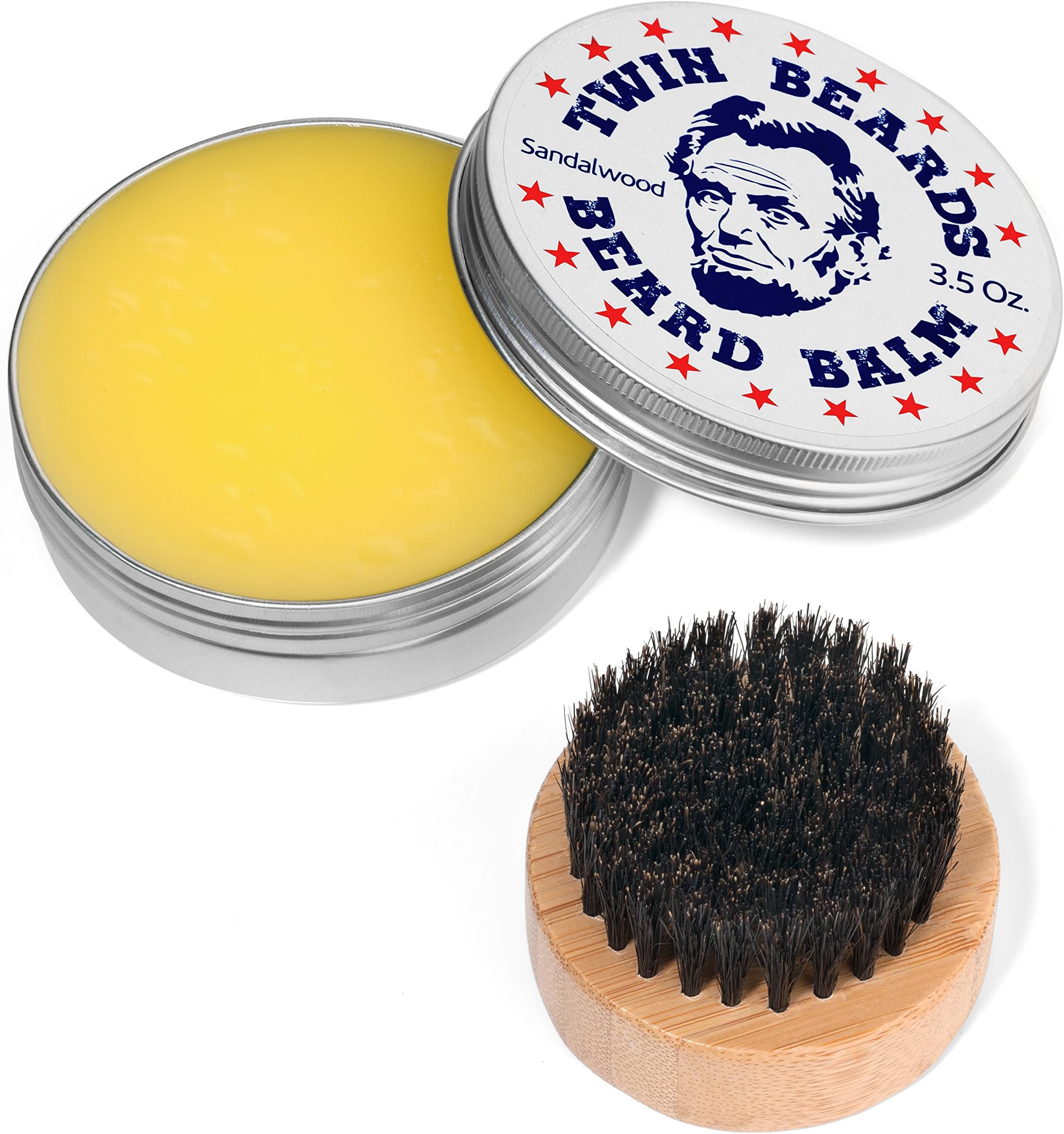 Twin Beards Beard Care Set for Men | 100% Boar Bristle Beard Brush & Metal Tin | Sandalwood Beard Balm | Conditions & Strengthens Softer & Thicker Beard | Cocoa Butter, Bees Wax & Jojoba Oil | 3.5 oz
