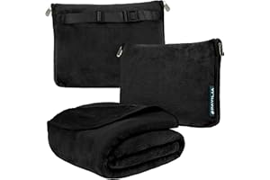 PAVILIA Travel Blanket Pillow, Soft Airplane Blanket 2-in-1 Combo Set, Plane Blanket Compact Packable, Flight Essentials Car Pillow, Travelers Gifts Accessories, Luggage Backpack Strap, 60x43 Black