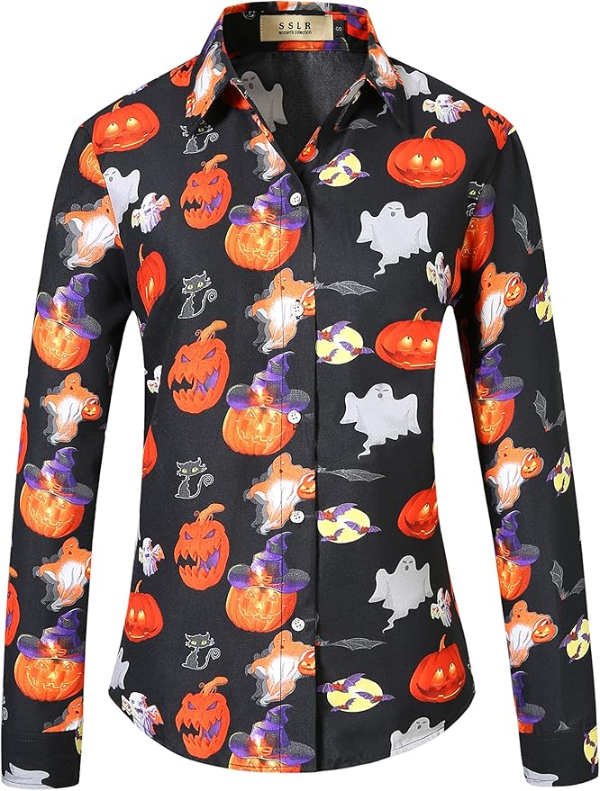 SSLR Women's Funny Pumpkins Button Down Long Sleeve Halloween Shirt