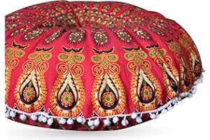 THIRD EYE EXPORT Boho Room Decor Aesthetic: Vintage Indie 32 Inches Indian Red Mandala Round Pillows Meditation Cushion Cover, Perfect for Cottagecore, Dorm Room & Funky Apartment Hippie Room Decor (Red 1)