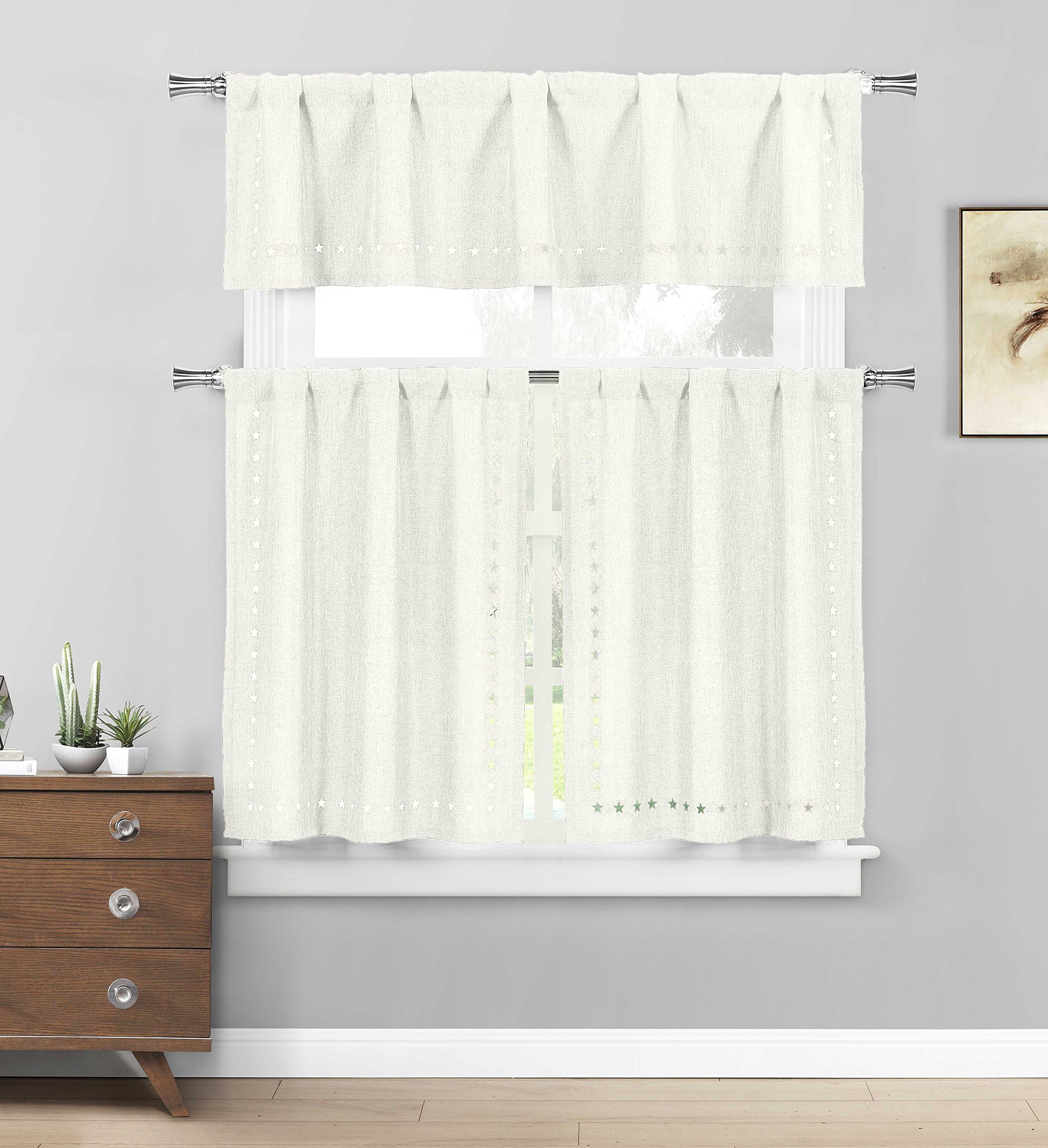 Bathroom and More Three Piece Kitchen/Cafe Tier Window Curtain Set: Solid Color with Stars Cut-Out Pattern (White)
