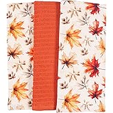 KAF Home Set of 3 Reverse Terry Print Kitchen Towels, Over-Sized 18 x 28-inch, 100 Percent Cotton (Vintage Leaves)