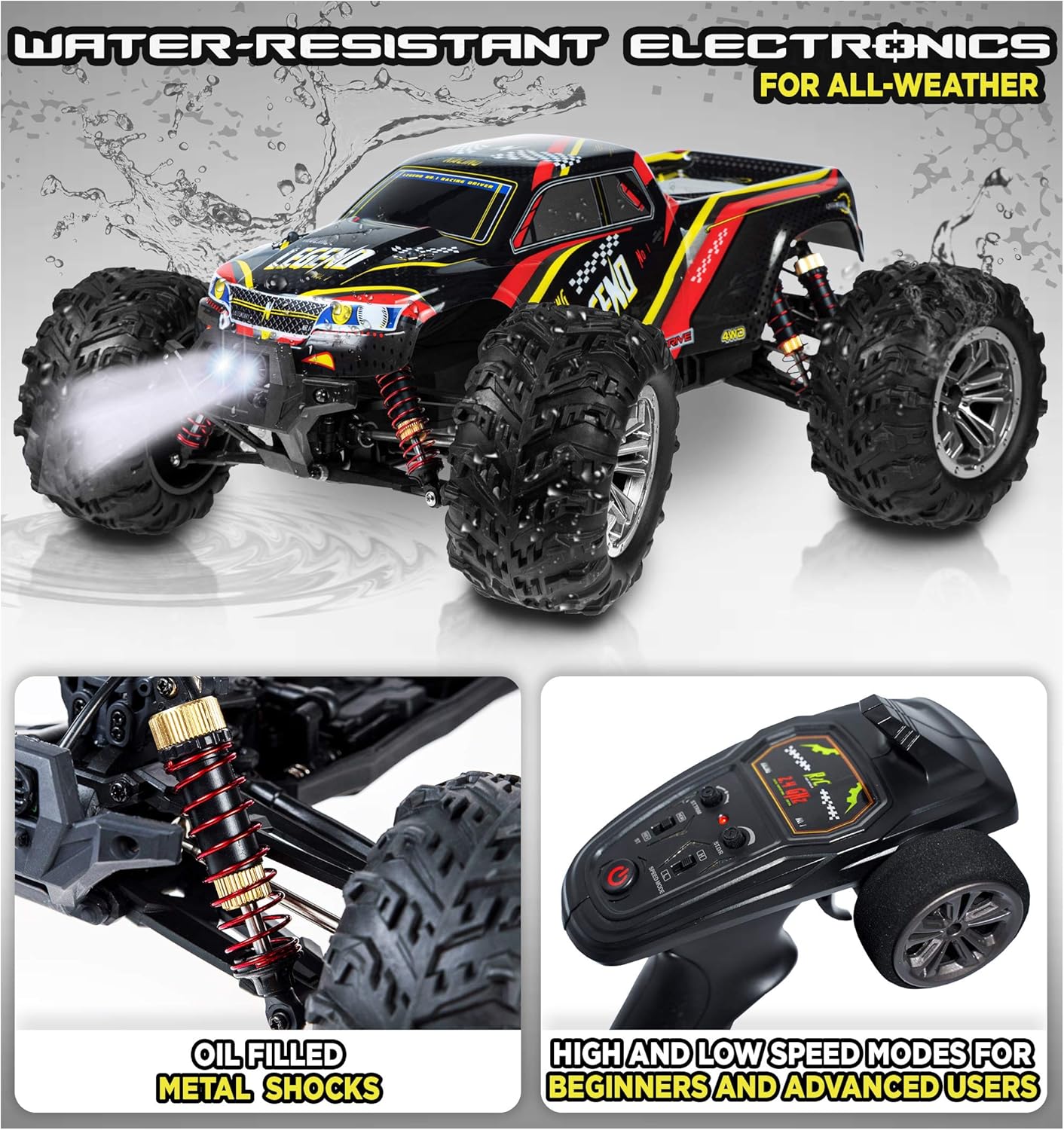 1:10 Scale Large RC Cars 48+ kmh Speed - Boys Remote Control Car 4x4 Off Road Monster Truck Electric - All Terrain Waterproof Toys Trucks for Kids and Adults - 2 Batteries + Connector for 40+ Min Play: Toys & Games