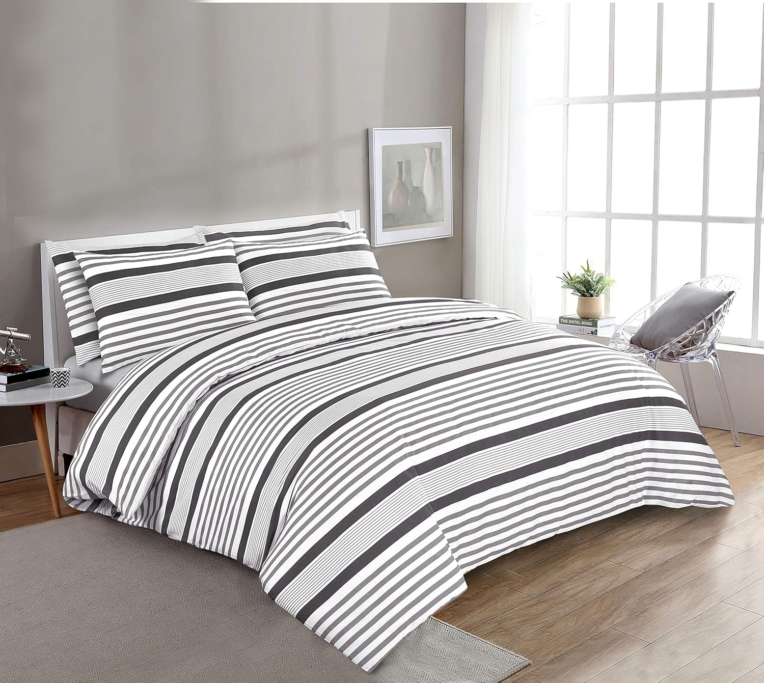 Adam Home Duvet Cover Set (King, Mona Grey Stripes) Soft Quilt Cover