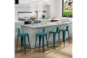 Aklaus Metal Bar Stools Set of 4 Barstools Counter Height Bar Stools with Back Industrial BarStools Indoor Outdoor Kitchen Dining Chairs Modern Bar Chairs Distressed Teal Blue 26inch Stools