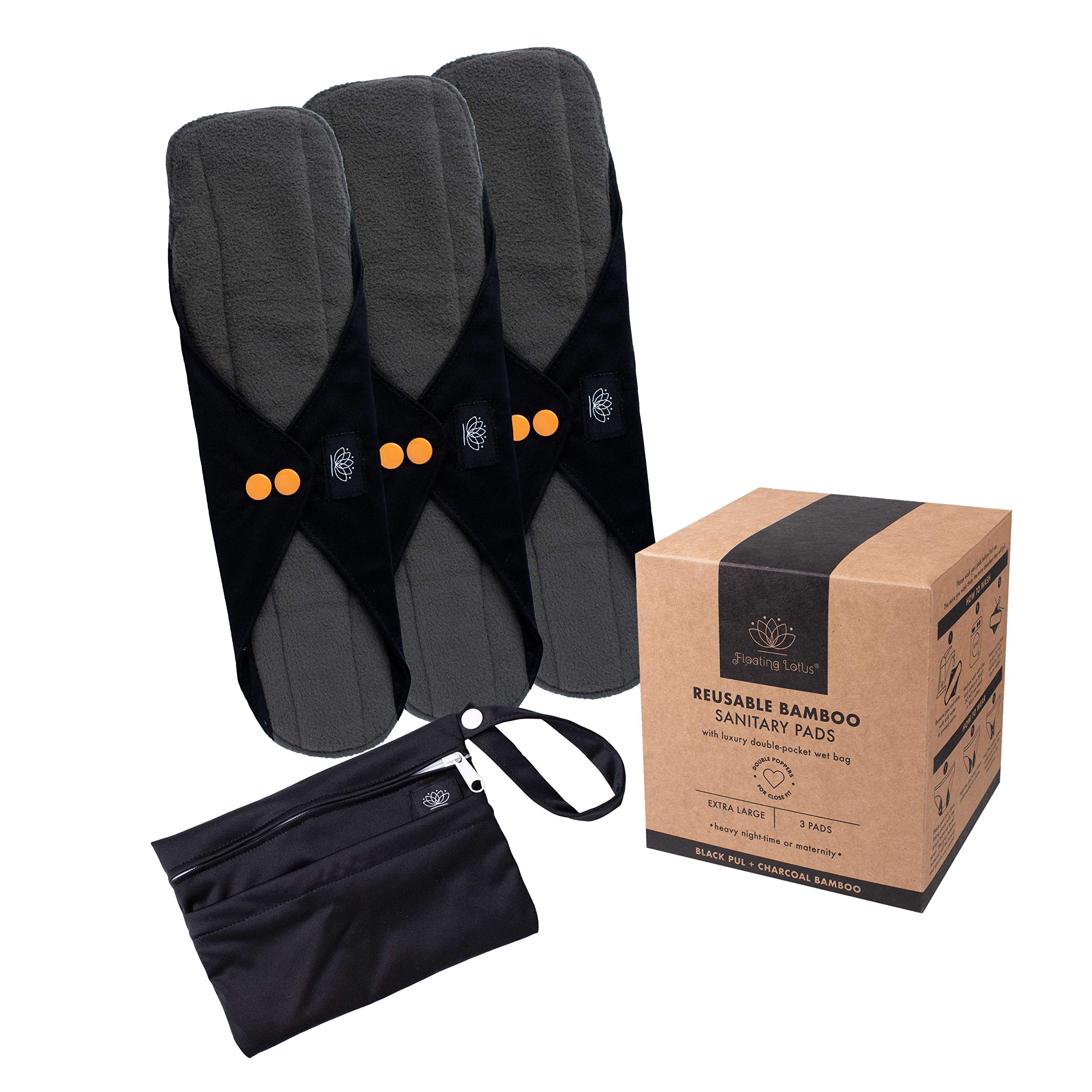 FLOATING LOTUS Reusable Sanitary Pads (3pk XL: Very Heavy Period Flow - Night, Day & Maternity) Black Extra Large Long Washable Bamboo Menstrual Towels inc Waterproof Bag