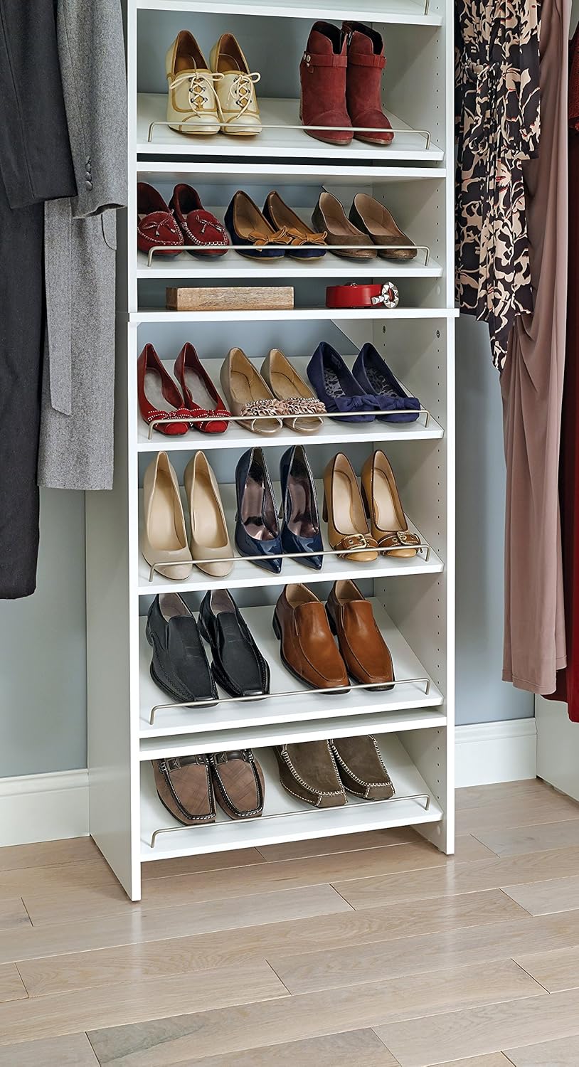25 pair stackable shoe rack closetmaid on Amazon Com Closetmaid Suitesymphony Starter Tower Kit 25 Angled Shoe Shelf Pure White Home Kitchen