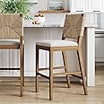 Nathan James Beacon Bohemian Boucle Bar Stool with Back, Bar Height Kitchen Island Chair, Seagrass Bar Stool, Cream Boucle/Brushed Light Brown