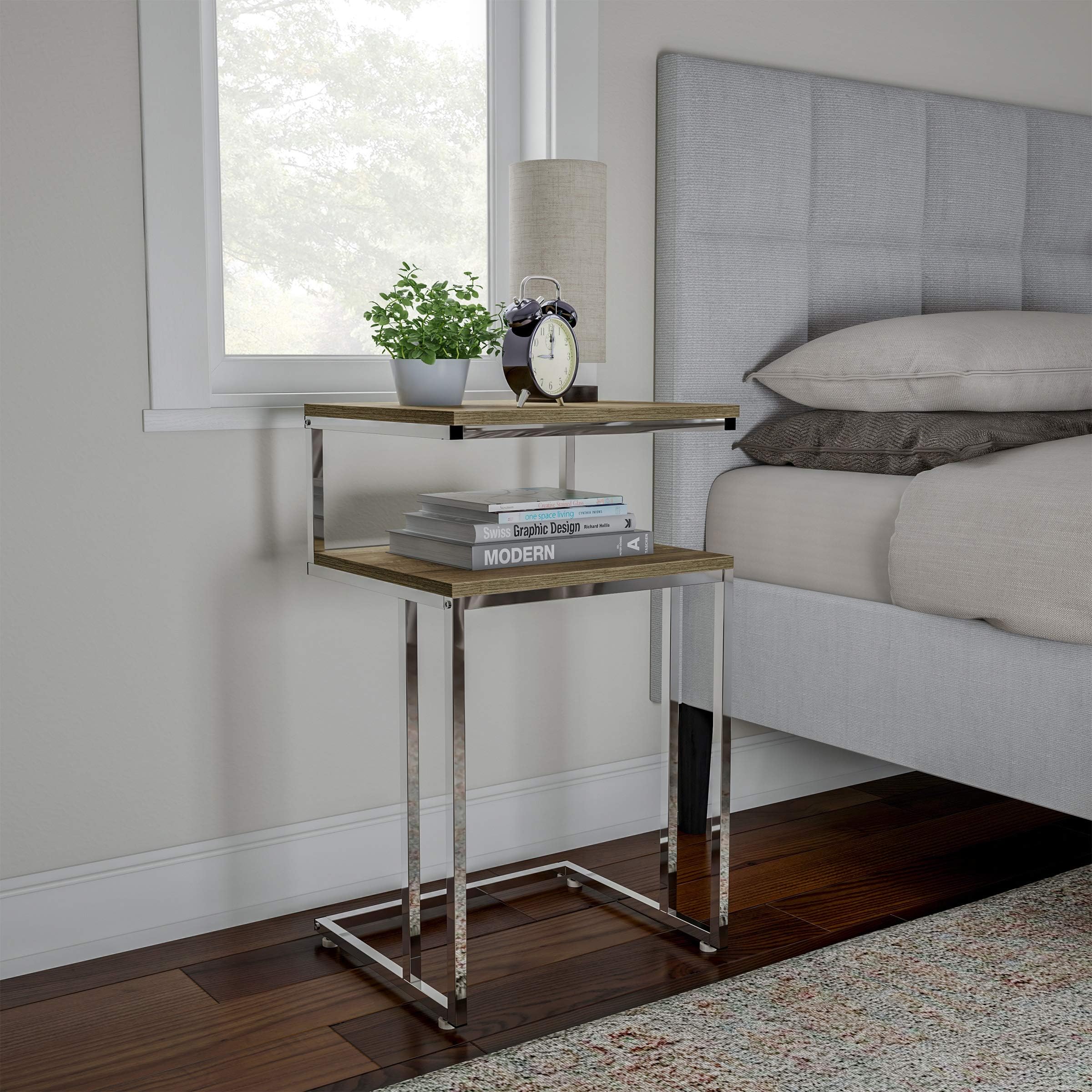 Two-Tier End Table- C Shaped Sofa Side Table with Two Shelves, Contemporary Style Chrome Metal Stand for Living Room or Bedroom by Lavish Home (Gray)