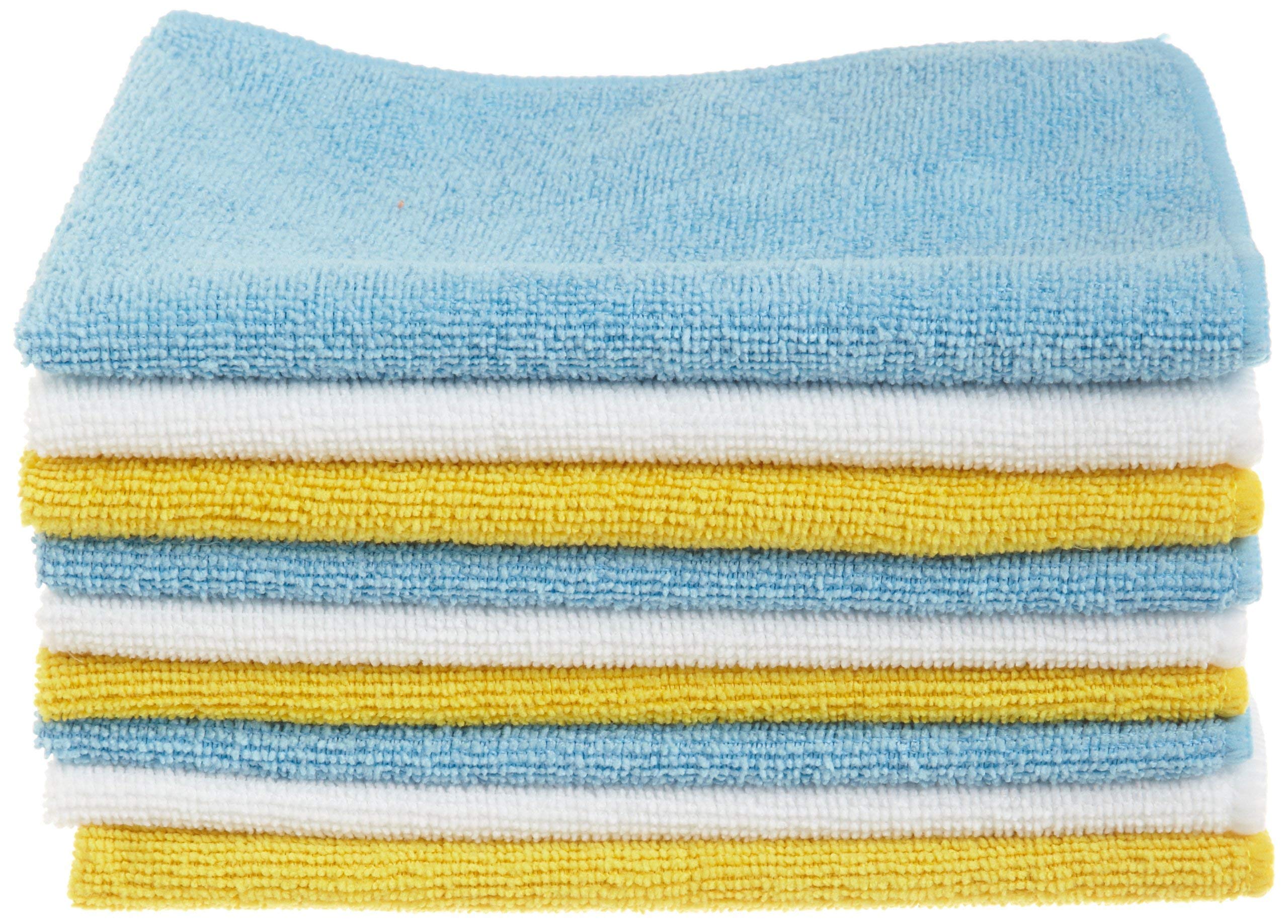 Amazon Basics Microfiber Cleaning Cloths, Non-Abrasive, Reusable and Washable, Pack of 48, Blue/White/Yellow, 16