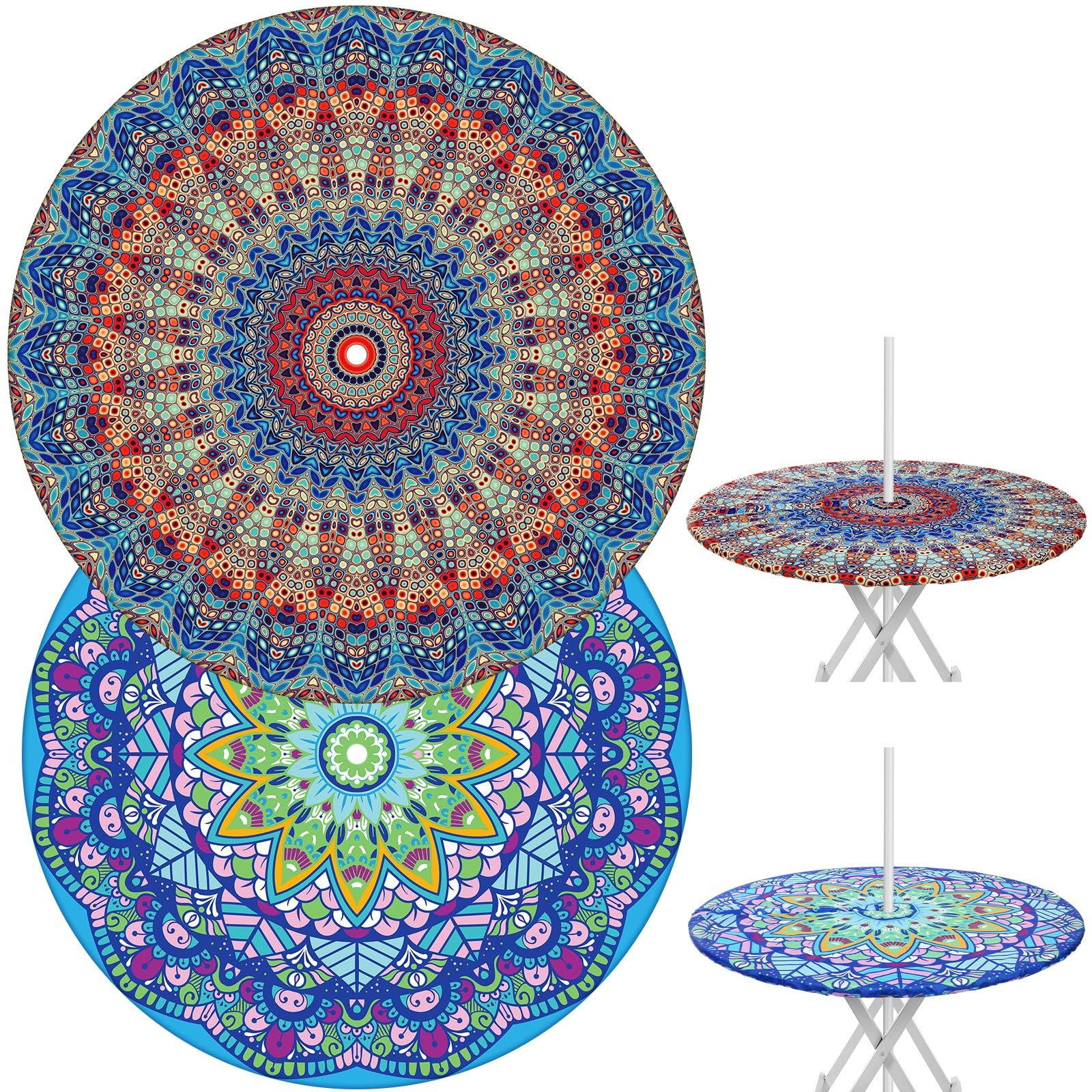 Photo 1 of DoubleFill 2 Pcs Round Outdoor Tablecloth with Umbrella Hole - Anti-Wrinkle Polyester Tablecloth with Elastic Zipper Table Cover for Summer Patio Camping Party(45''-53'',Mandala)